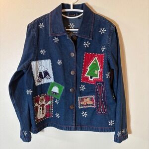 Vintage NorthCrest Blue Denim Christmas Patchwork Jacket Snowman Holiday Large